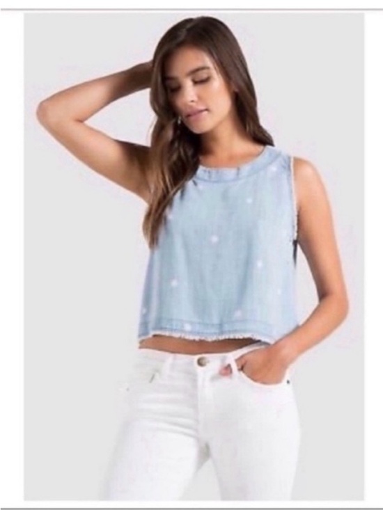 Anthropologie Tops - Antropologie Cloth & Stone tank top blue chambray polka dot raw hem